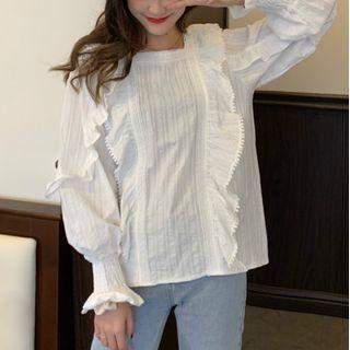 Balloon-sleeve Lace Ruffle Blouse White - One Size