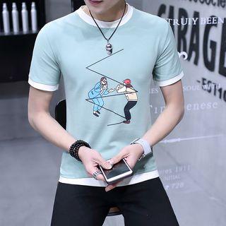 Short-sleeve Contrast Trim People Printed T-shirt