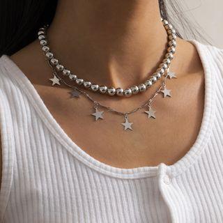 Set Of 2: Layered Star Charm Bead Necklace