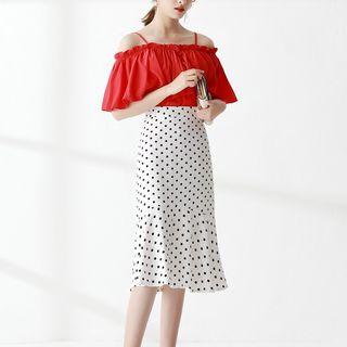 Polka Dot Chiffon Frill Trim A-line Midi Skirt