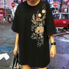 Floral Embroidered Elbow-sleeve Long T-shirt