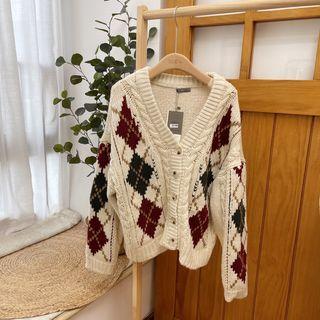 Argyle Cable Knit Cardigan White - One Size