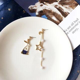 Rabbit & Star Faux Pearl Asymmetrical Dangle Earring 1 Pair - S925 Silver Earring - White & Blue Rabbit & Heart - Gold - One Size