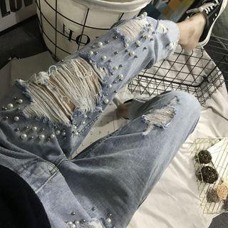 Faux Pearl Distressed Cropped Straight Leg Jeans