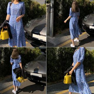 Puff-shoulder Floral Long Dress Blue - One Size