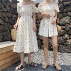 Short-sleeve Floral Print A-line Midi Dress / Playsuit