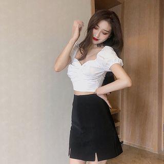 Puff-sleeve Shirred-trim Cropped Top