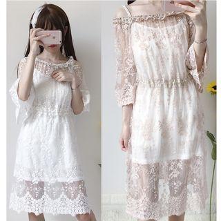 Set: Lace Elbow-sleeve Dress + Slipdress