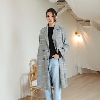 Double-breasted Checked Coat Gray - One Size
