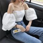 Plain Off-shoulder Puff-sleeve Cropped Top
