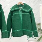 Long-sleeve Lapel Plain Zip Jacket Green - One Size