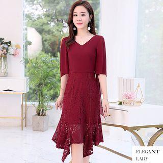 V-neck Mesh-sleeve Lace Panel A-line Dress