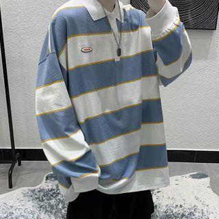 Color-block Stripe Long-sleeve Lapel Top