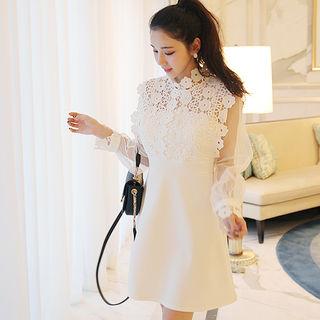 Mesh-sleeve Lace-panel Mini Sheath Dress