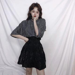 Glitter Elbow-sleeve T-shirt / High Waist Mini A-line Skirt