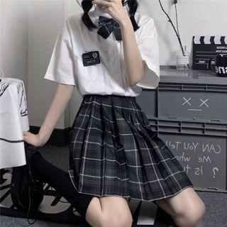 Set: Plaid Mini Pleated Skirt + Bow Tie
