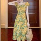 Short-sleeve Ruffled Floral Printed Dress Yellow - One Size