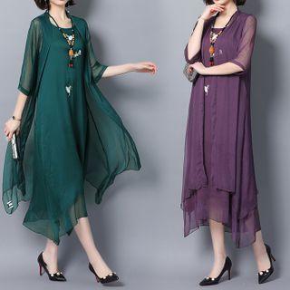 Set: Sleeveless Mesh Overlay Midi Shift Dress + Elbow-sleeve Light Jacket