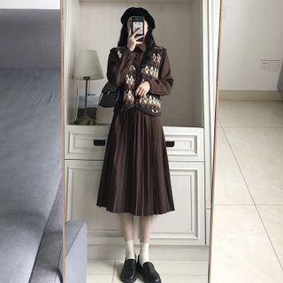 V-neck Pattern Knit Vest / Set: Pleated Shirtdress + Vest