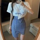 Lettering Short-sleeve T-shirt / Gingham Mini Pencil Skirt / Set
