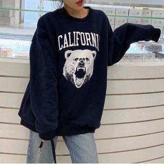 Long Sleeve Printed Pullover Navy Blue - One Size