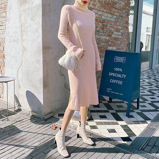 Colored Turtle-neck Rib-knit Midi Dress