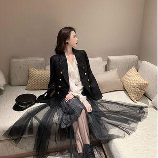 Ruffle Blouse / Duuble-breasted Blazer / Mesh Midi A-line Skirt