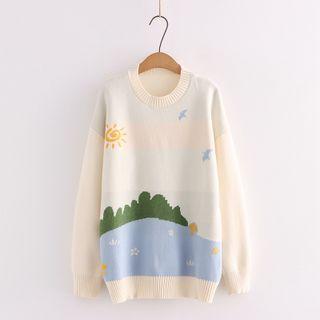 Cartoon Print Sweater Beige - One Size