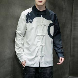 Embroidered Two-tone Frog-buttoned Stand Collar Shirt