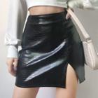 Croc Grain Faux Leather Fitted Mini Skirt