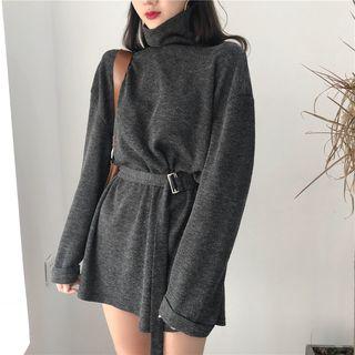 Long-sleeve Turtleneck Mini Dress Dark Gray - One Size