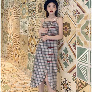Plaid Frog-button Spaghetti Strap / Short-sleeve Dress