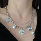 Faux Pearl Layered Chain Necklace 1 Pc - Silver - One Size