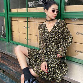 V-neck Drawstring Floral Mini A-line Dress