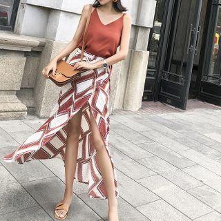 Set: V-neck Tank Top + Printed Wrap A-line Midi Skirt