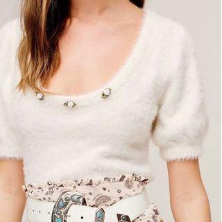 Puff-sleeve Flower Accent Knit Top White - One Size