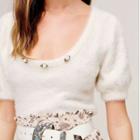 Puff-sleeve Flower Accent Knit Top White - One Size
