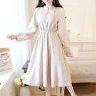 Long-sleeve Embroidered Flower Frog Buttoned A-line Midi Dress