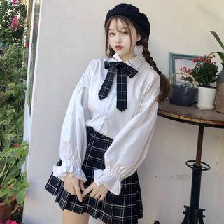 Long-sleeve Shirt + Plaid Skirt Set