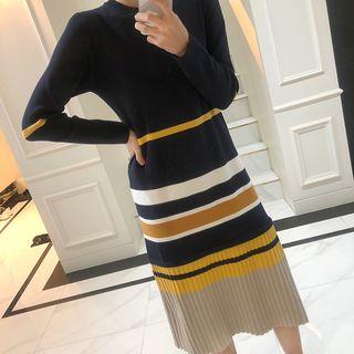 Pleat-hem Striped Long Knit Dress