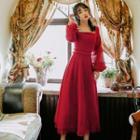 Square Neck Corduroy Midi A-line Dress
