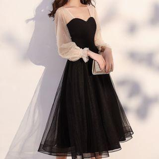 Long-sleeve Two-tone Mesh A-line Evening Dress