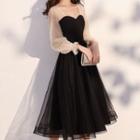 Long-sleeve Two-tone Mesh A-line Evening Dress