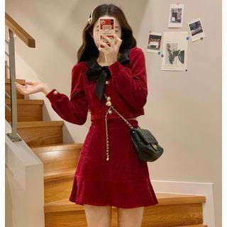 Long-sleeve Ribbon Crop Top / Mini A-line Skirt