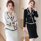 Double-breasted Contrast Trim Blazer / Pencil Skirt / Set