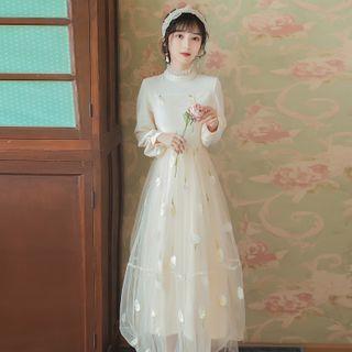 Long-sleeve Mesh Overlay A-line Maxi Dress