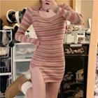 Long-sleeve Striped Knit Mini Sheath Dress Pink - One Size