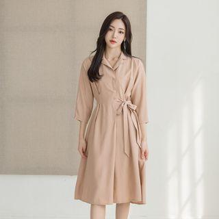 Open-placket Tie-waist Long Shirtdress