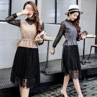 Set: Long-sleeve Lace Dress + Sleeveless V-neck Top