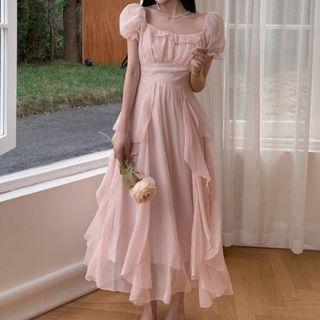 Puff-sleeve Asymmetrical Shirred Midi A-line Dress